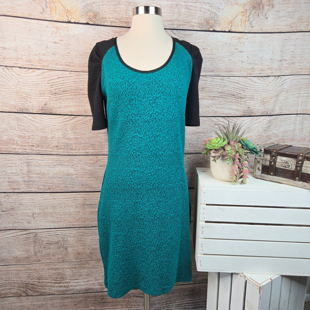 Maison Scotch Rendez Vous Teal Black Textured Puff Sleeve Dress Sz 3 US M/L